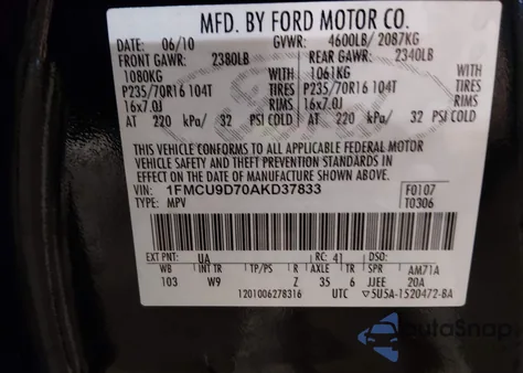 2010 Ford Escape Xlt z USA, uszkodzony, nr VIN 1FMCU9D70AKD37833